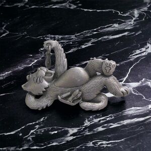 Vtg JJ Jonette Silver Tone Pewter Cat Eating Dangling Fish Animal Brooch Pin 2"